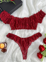 Women's Floral Embroidery Lingerie Set with Crop Top and Lettuce Trim Panty