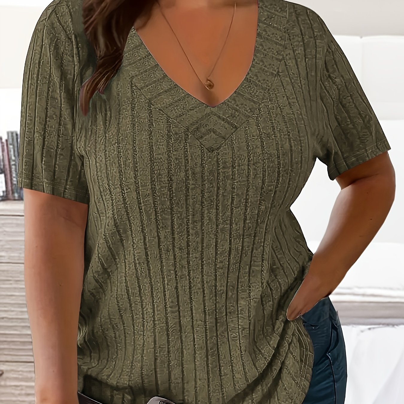 Women's Plus Size V-Neck T-Shirt Rib Knit Polyester Solid Short Sleeve