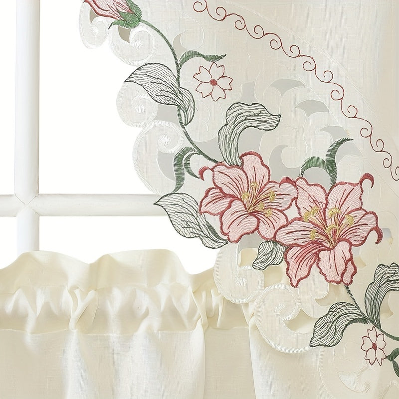 3-Piece Beige Floral Embroidered Polyester Window Curtains for Bedroom Living Room Kitchen