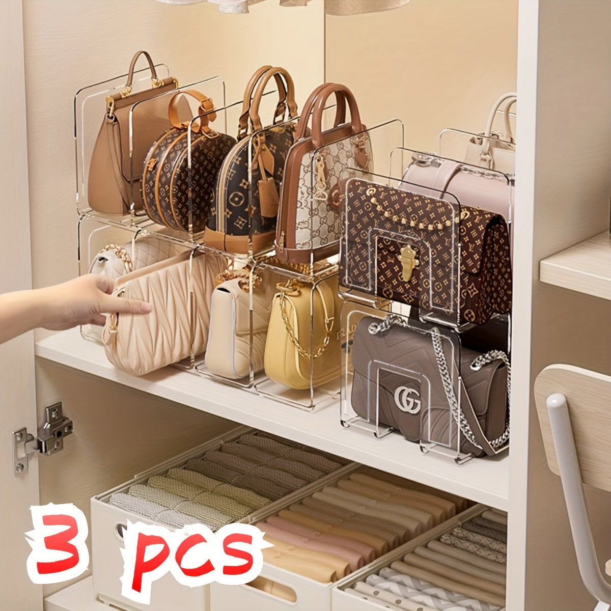 Acrylic Closet Organizer Dividers Set of 3 3-Tier Shelf for Handbags Accessories
