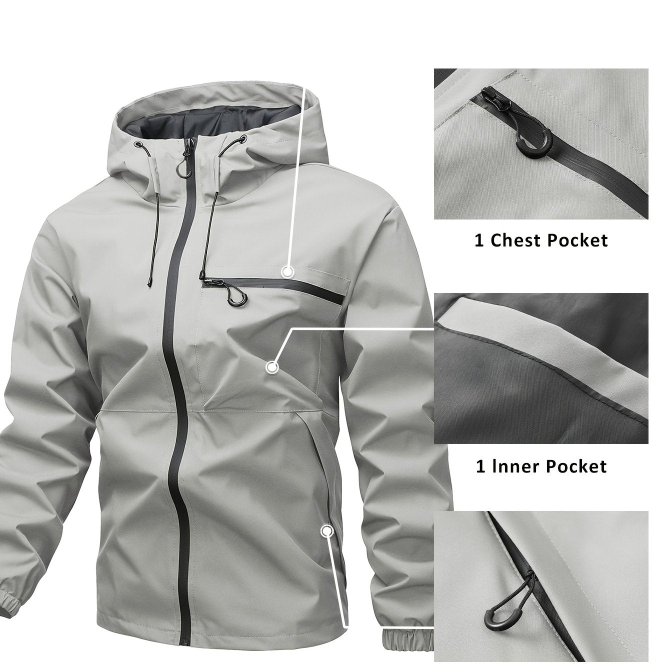 Men's Waterproof Windproof Hooded Jacket with Multi-Pockets Solid Color Outdoor Sports