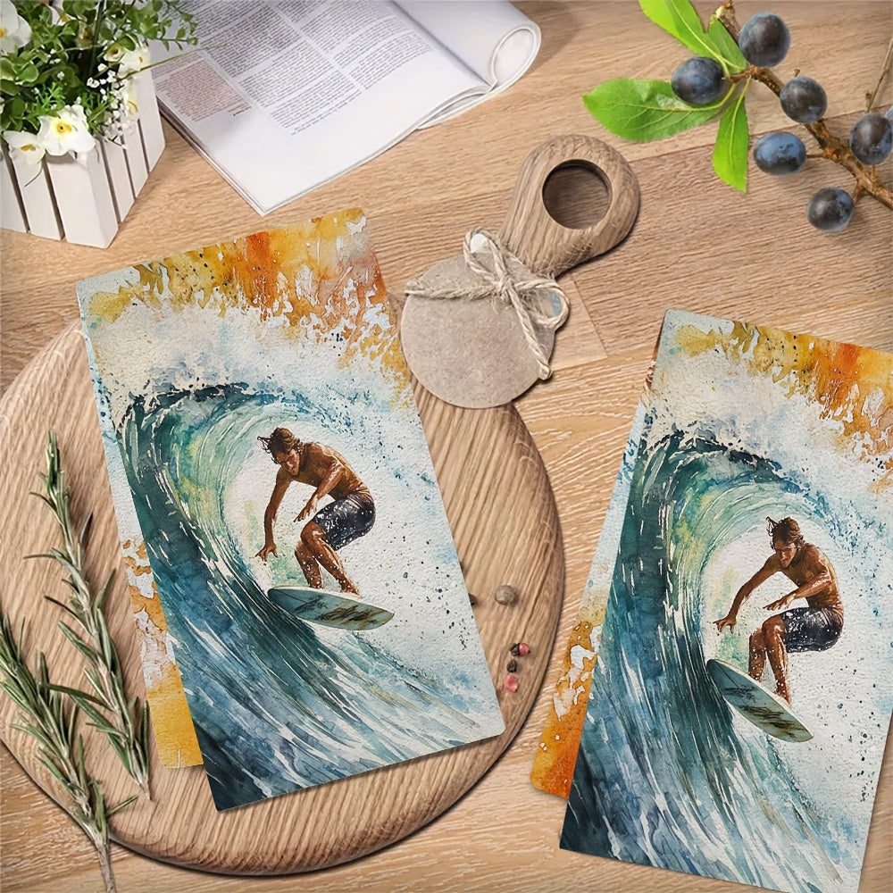 Set of 2 Ultra Soft Surfing Dish Towels, Vibrant Design, Absorbent, Quick-Dry