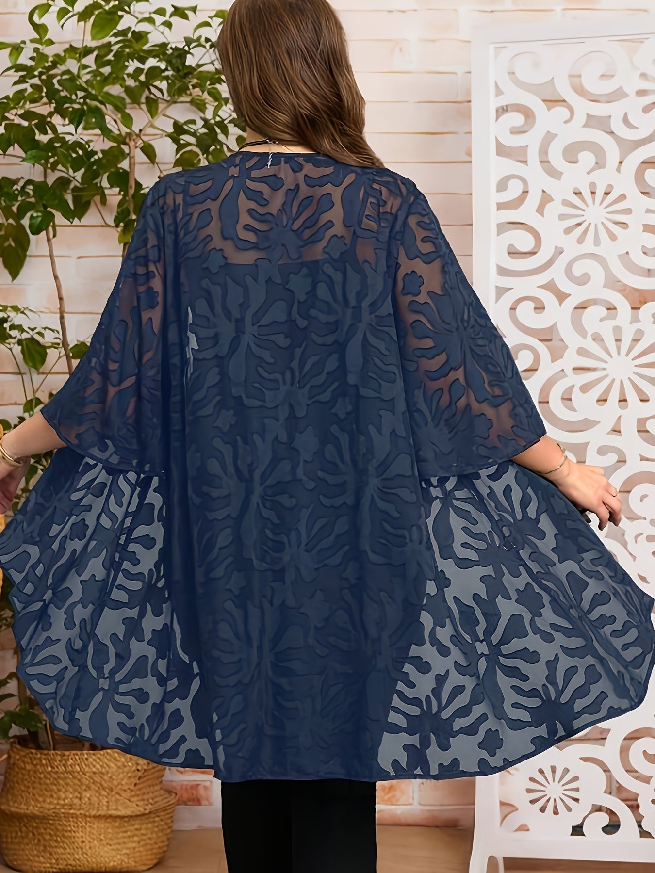 Women's Plus Size Jacquard Pattern Open Front Cardigan Shirt