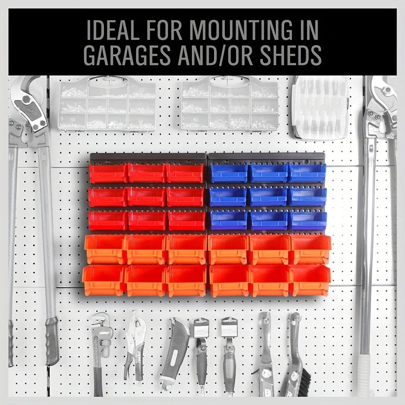 Wall-Mounted Storage Organizer with 30 Plastic Bins for Garage Tools in Blue Orange Red