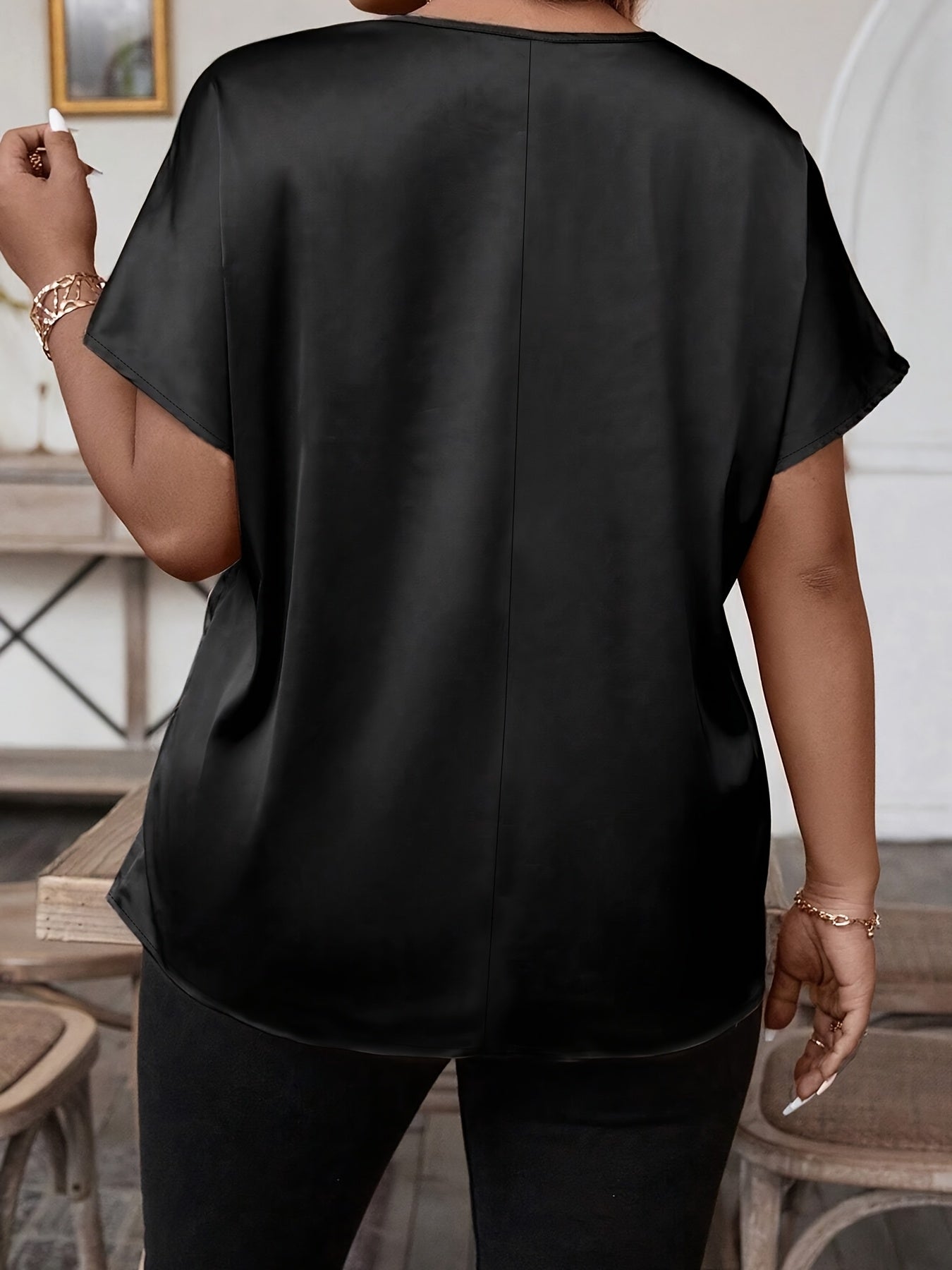 Plus Size Women's Casual Woven Short Sleeve Blouse Solid Color Summer Wear