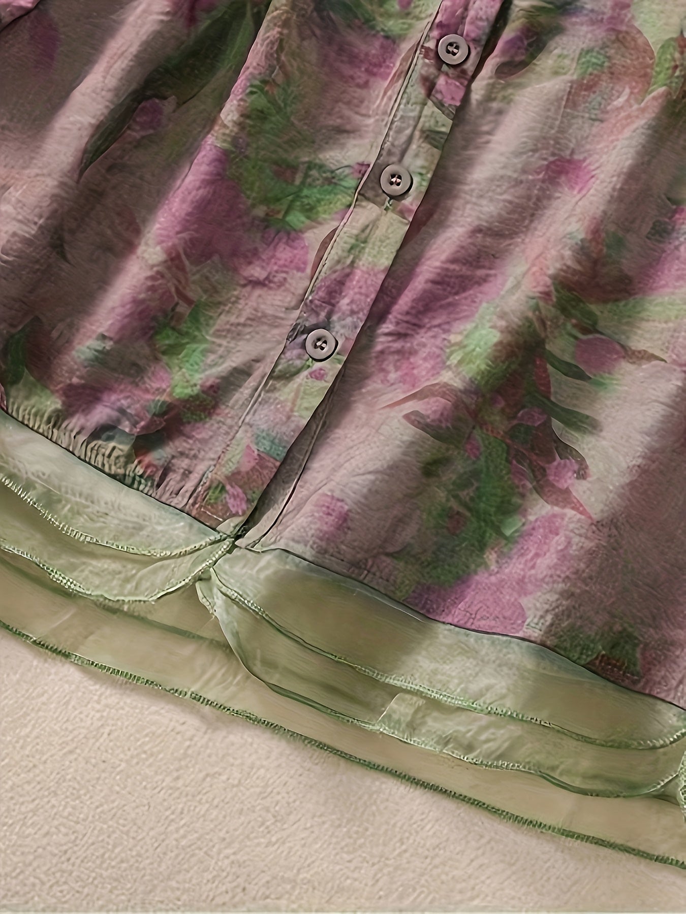 Camisa de mujer con estampado floral, cuello alto, mangas tres cuartos, dobladillo cruzado, poliéster, ropa casual para fin de semana