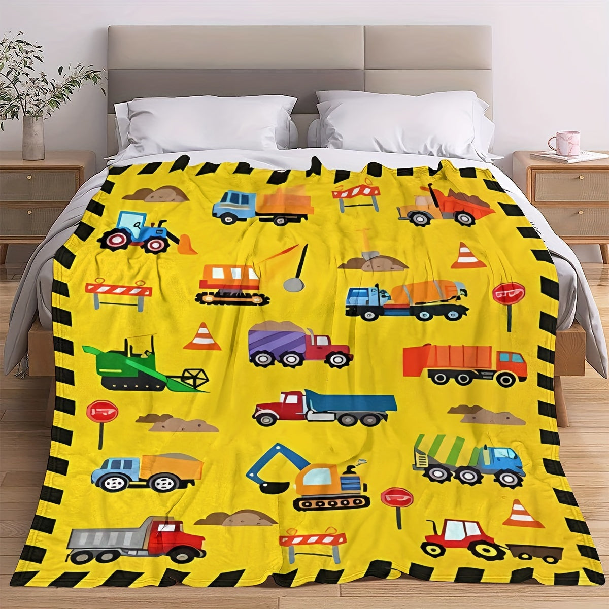 Пуховое фланелевое одеяло с изображением строительной техники - Уютный дизайн экскаватора и самосвала, универсальный азиатский стиль - Легкий вязаный чехол для всех сезонов, 100% полиэстер, дышащий и мягкий