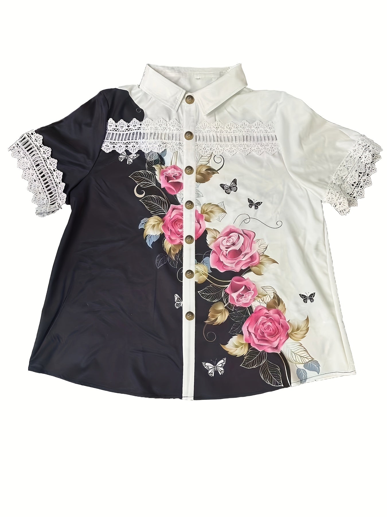 Ayollar uchun gul bosimli bluz, gipürli detallari bilan, qisqa sleeve, polyester, qora va oq