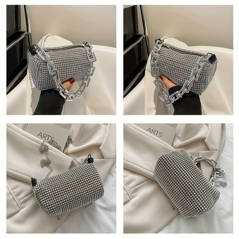 Silver Grey Glitter Evening Bag with Chain Strap and Zipper Closure