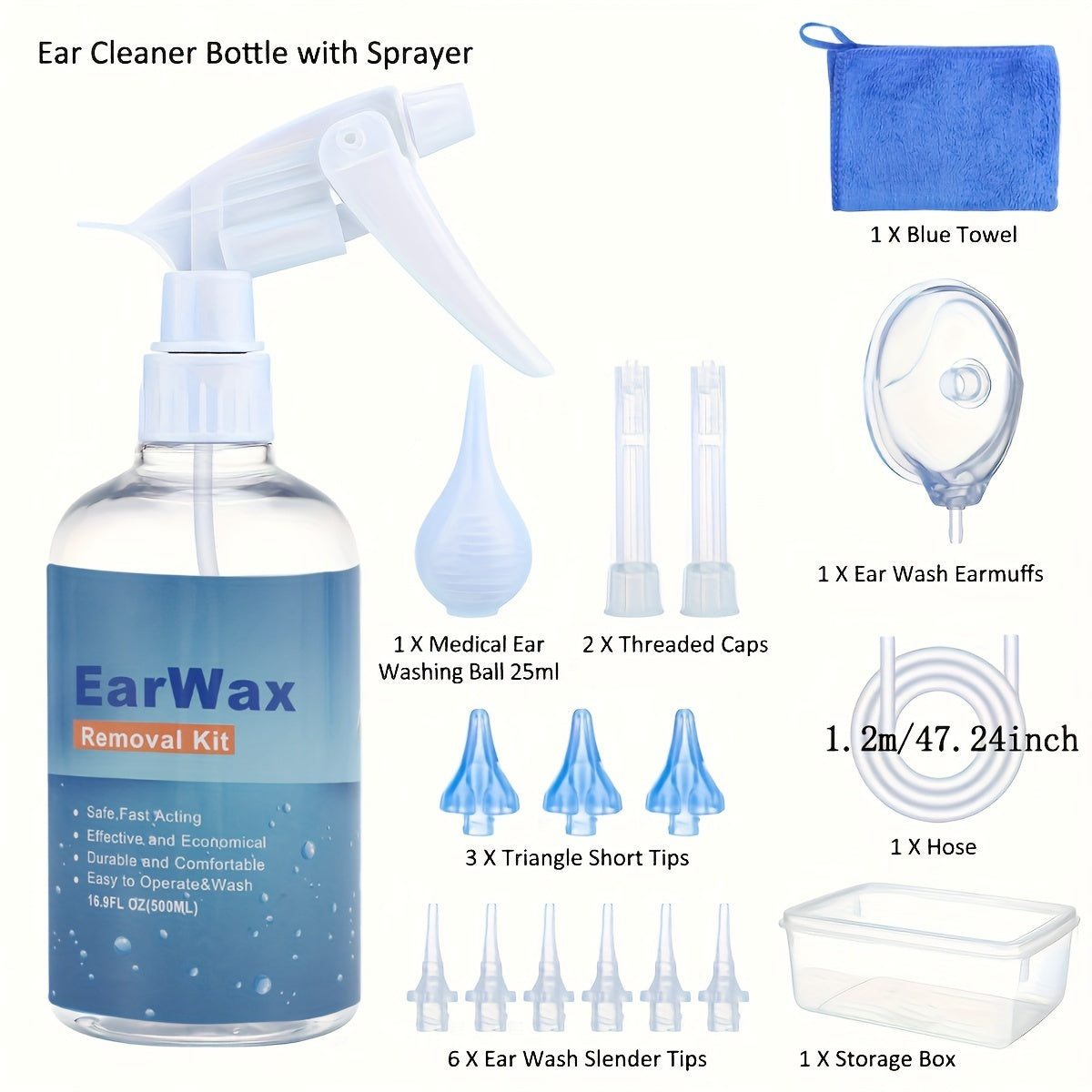 Ear Wax Removal Kit with Reusable Silicone Ear Cleaner and Wash Bottle for Adults