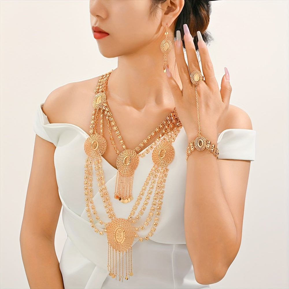 Gold-Tone Copper Jewelry Set in Arabic Style Multi-Layered Bohemian Elegant for Weddings Parties Ramadan