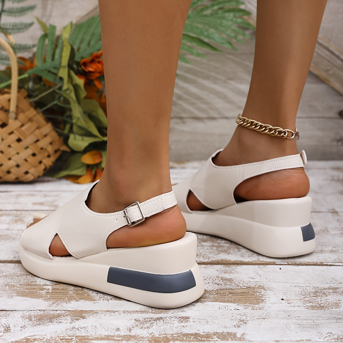 Women's Solid Color Thick-Soled Ankle Strap Summer Beach Sandals