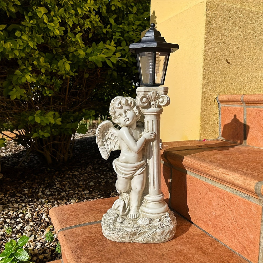 Outdoor Solar Angel Statue with Roman Column Design Garden Decor Street Lamp