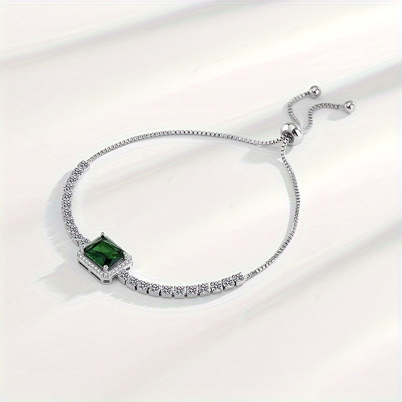 Women's Silver Bracelet with Green Zirconia Stones Adjustable Jewelry for Daily and Special Occasions