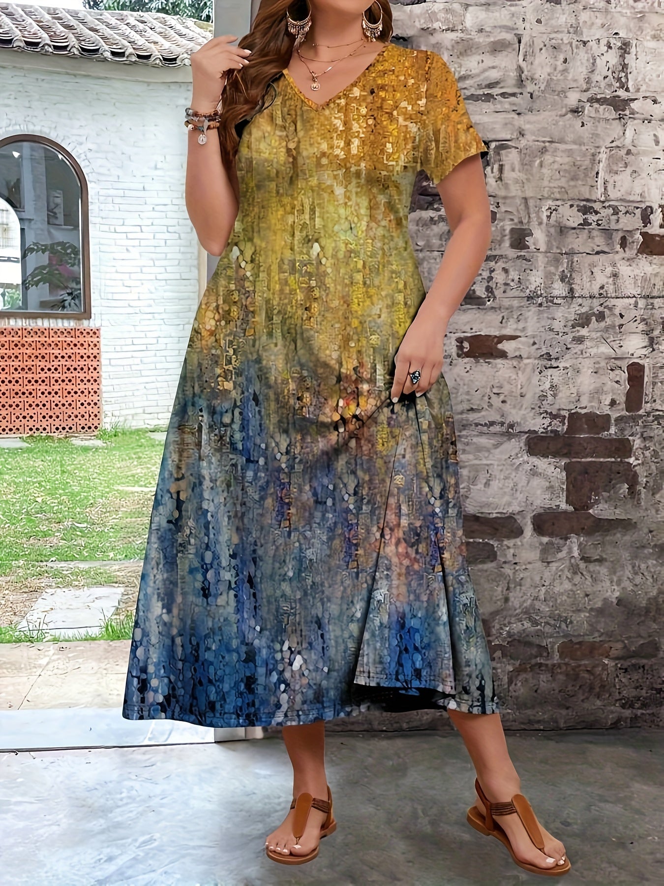 Vestido de talla grande con estampado floral y escote en V para uso casual en primavera y verano