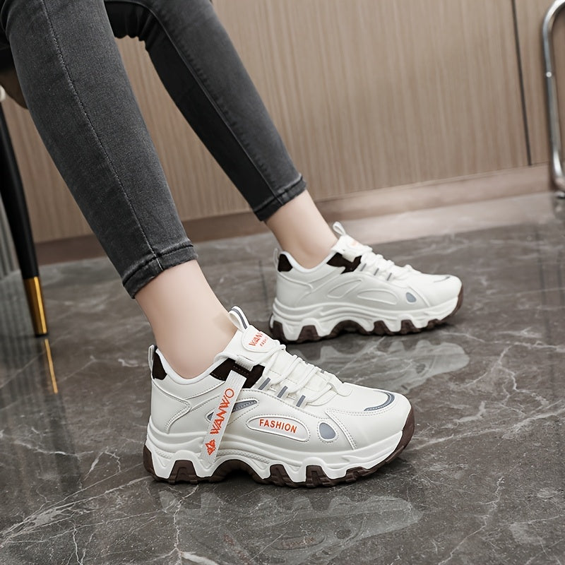 Women's Breathable Mesh Running Shoes, Low-Top Lace-Up Athletic Sneakers in White and Orange