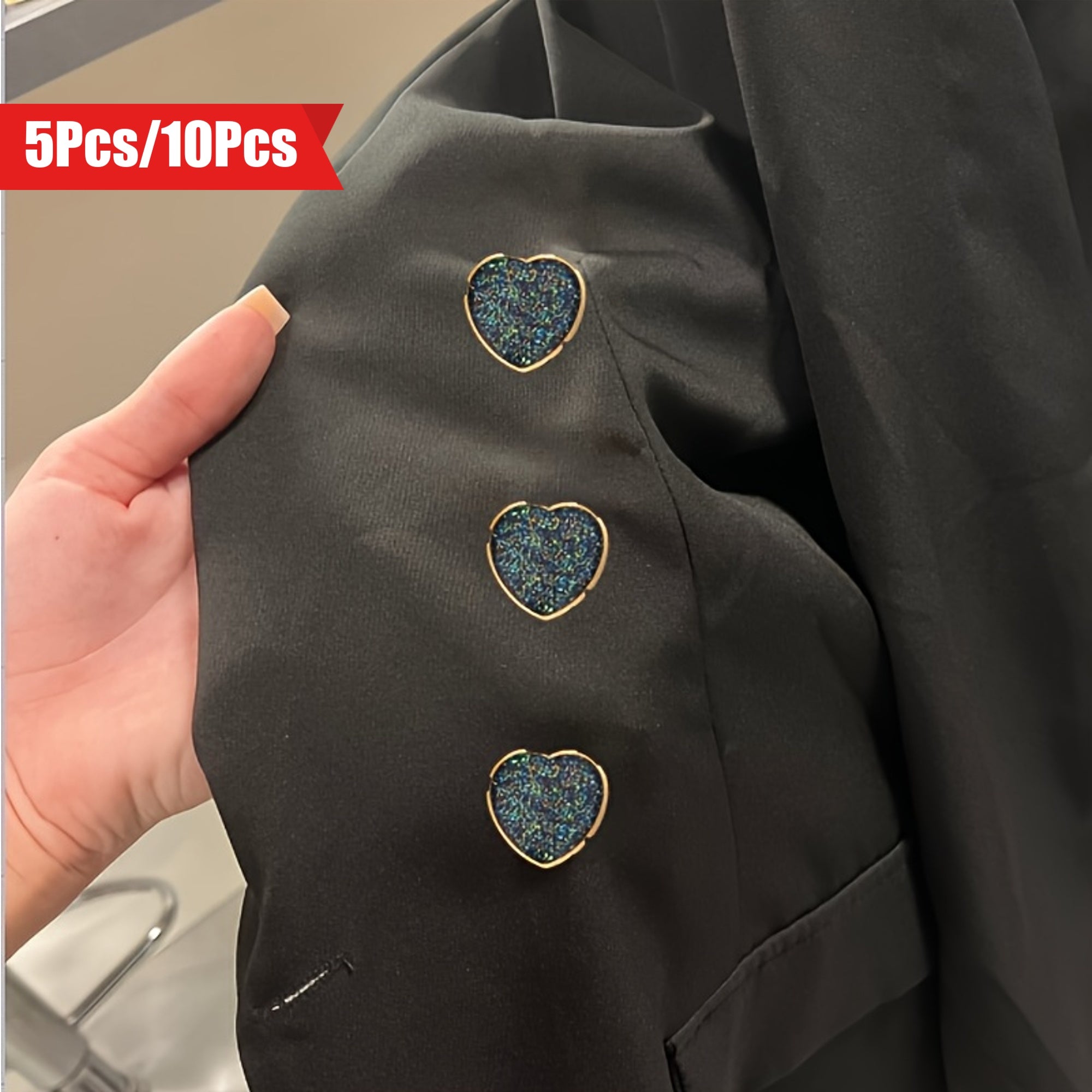 Kiyimlar va hunarmandchilik uchun 5 yoki 10 ta yurak shaklidagi metall tugmachalar to'plami, porloq aksessuarlar bilan