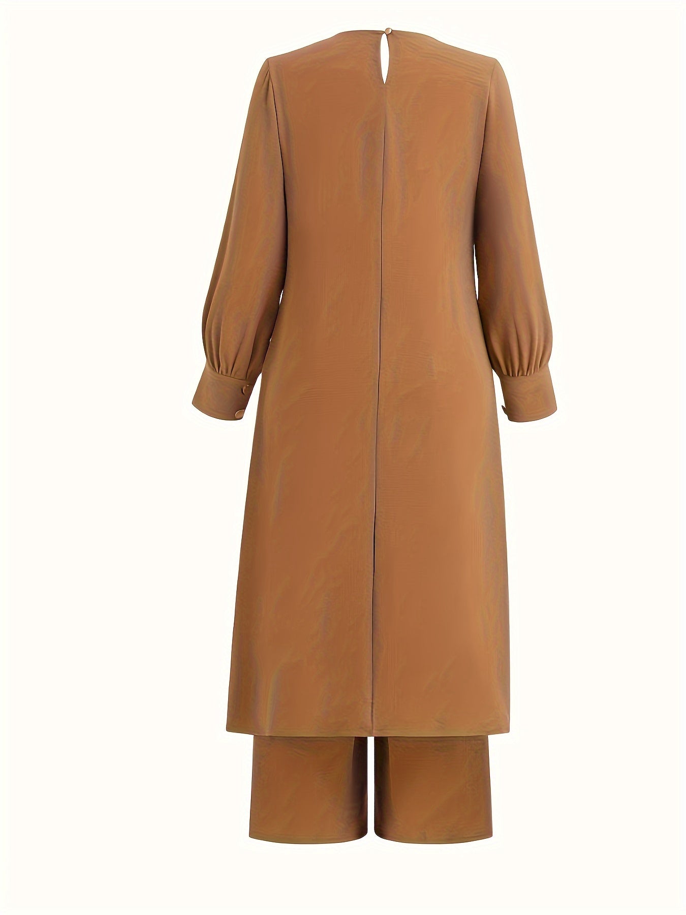 Conjunto de dos piezas de poliéster negro con mangas de farol y pantalones de pierna ancha para mujer