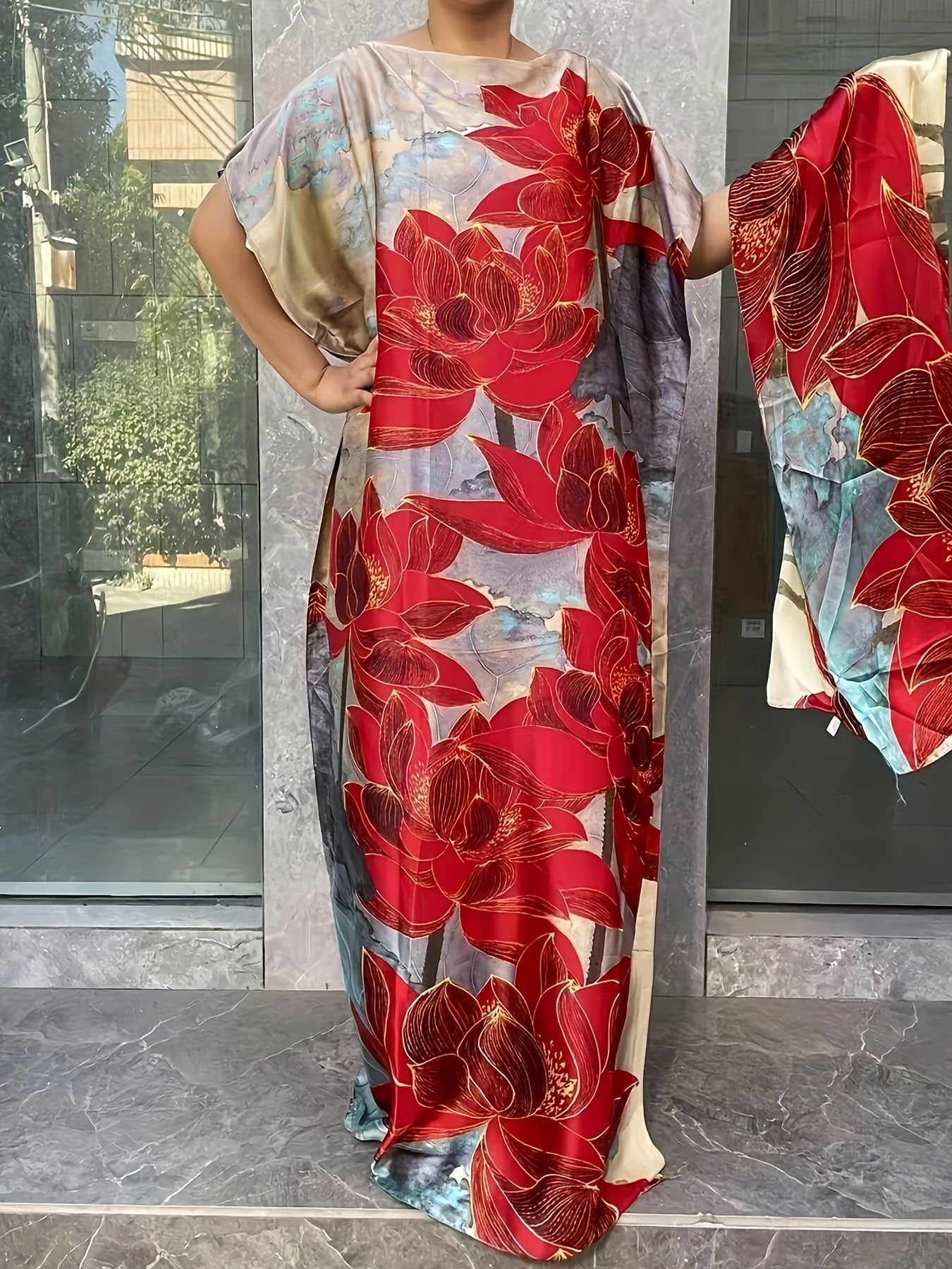 Plus Size Floral Longline Dress Short Sleeve Crew Neck Summer Clothing