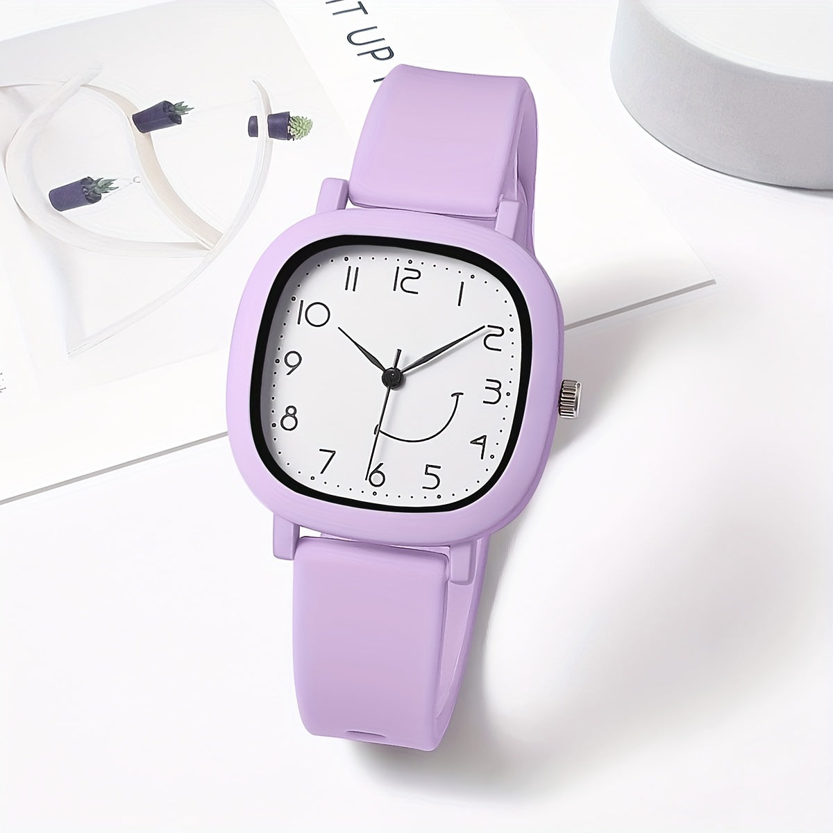 Women's Quartz Watch Square Face Silicone Strap Casual with Smile Face Design