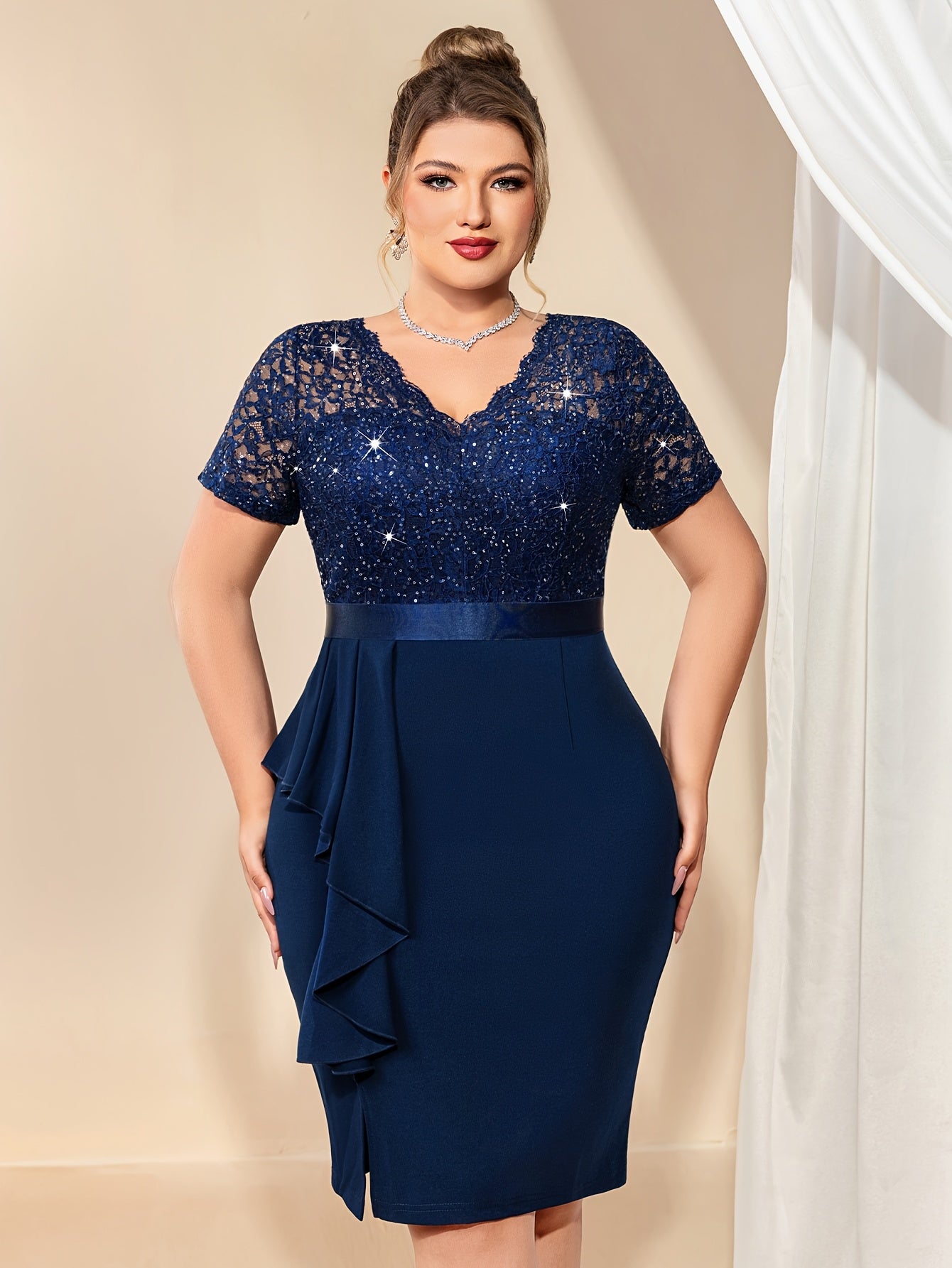 Plus Size Women's Sequin Lace Ruffle V-Neck Bodycon Dress Cocktail Party