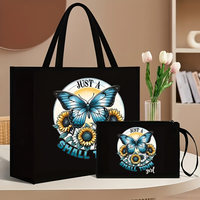 2-Piece Canvas Tote Bag and Wallet Set with Butterfly Floral Print Black