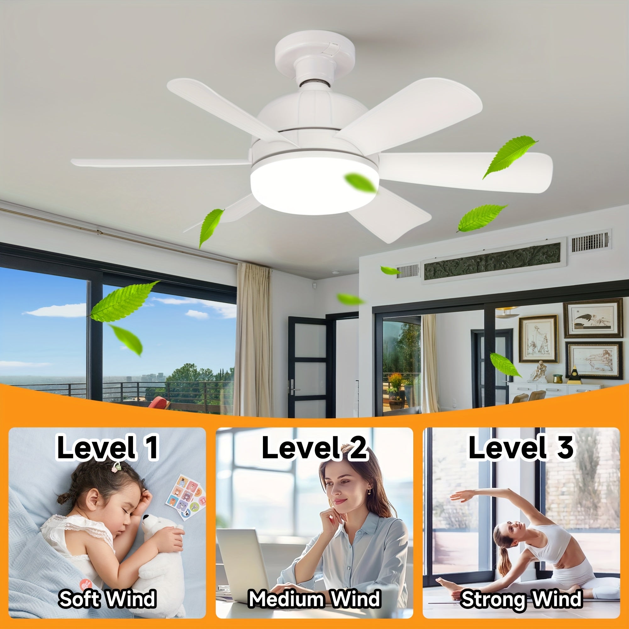 E27/E26 Small Ceiling Fan Light with 6 Blades Dimmable Quiet 4-Speed