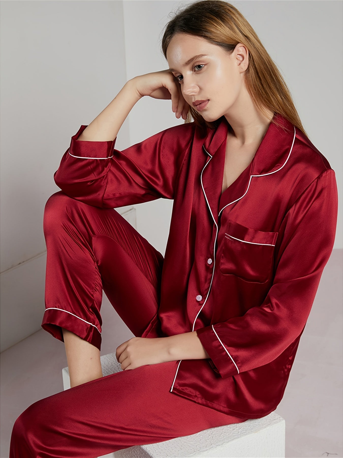Women's Cotton Pajama Set with Lapel Collar and Solid Color Lounge Wear for Valentine's Day