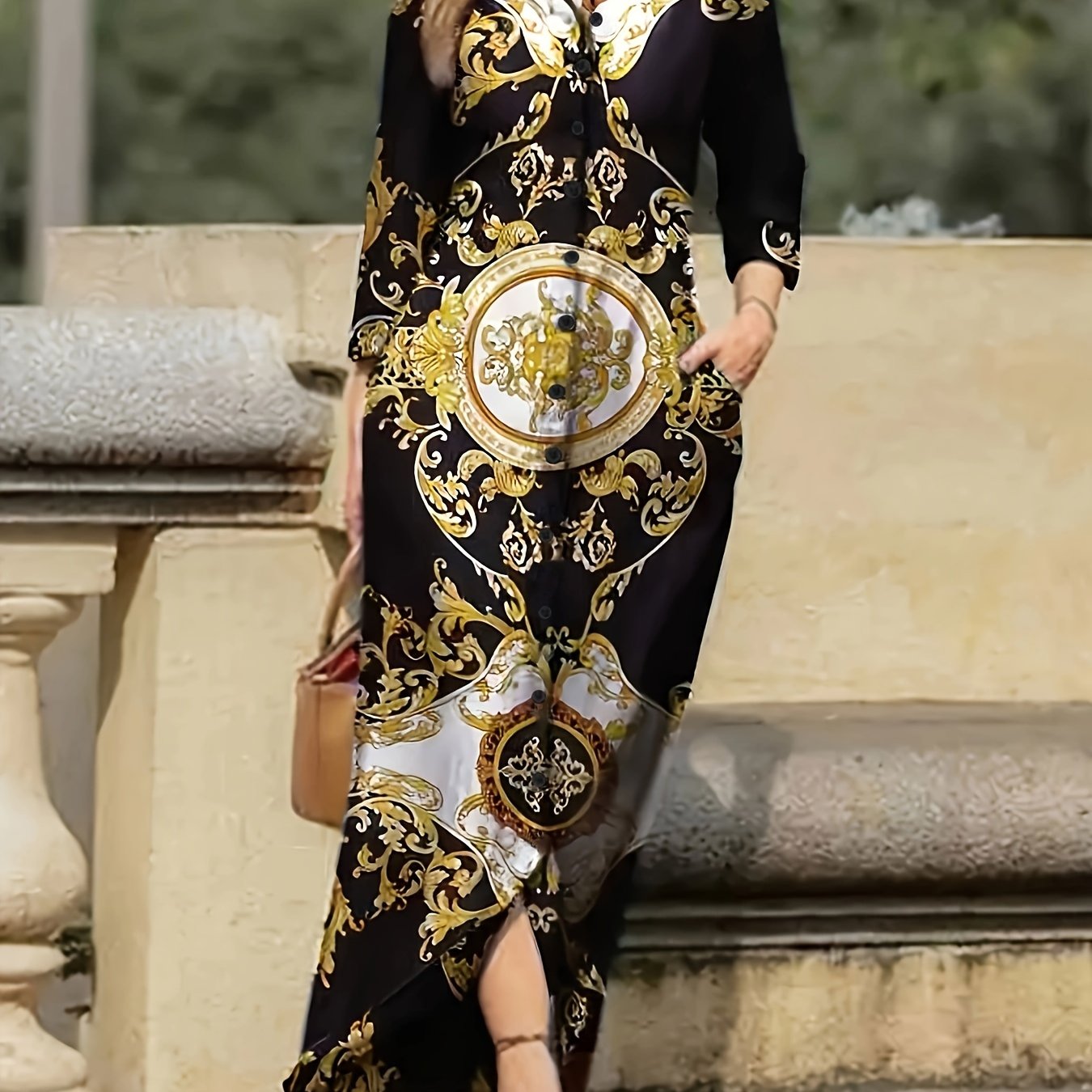 Women's Tribal Print Long Sleeve Dress with Pockets and Button Front for Spring and Fall