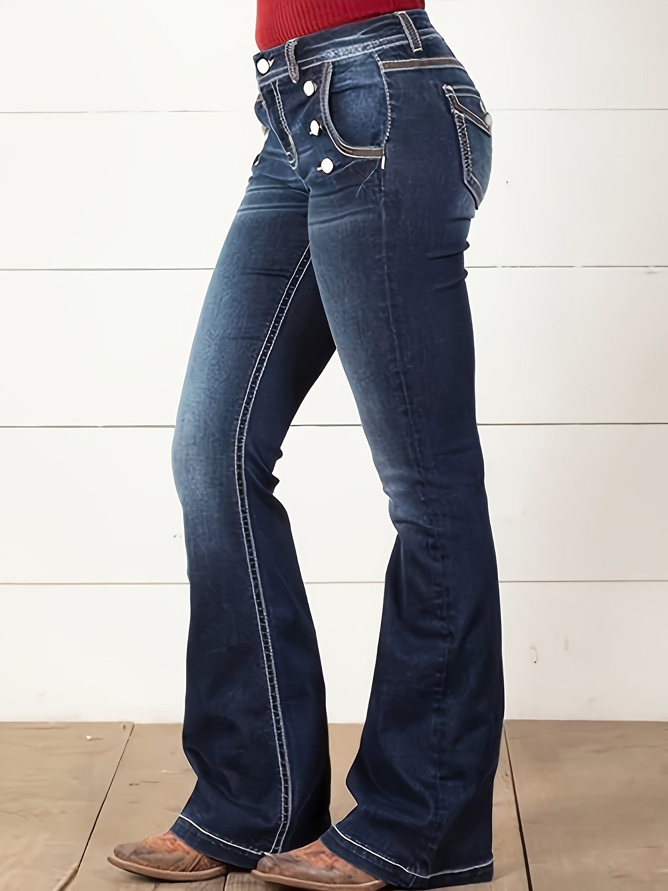 Women's Navy Blue Bootcut Jeans Casual Stretchy Denim Five-Pocket