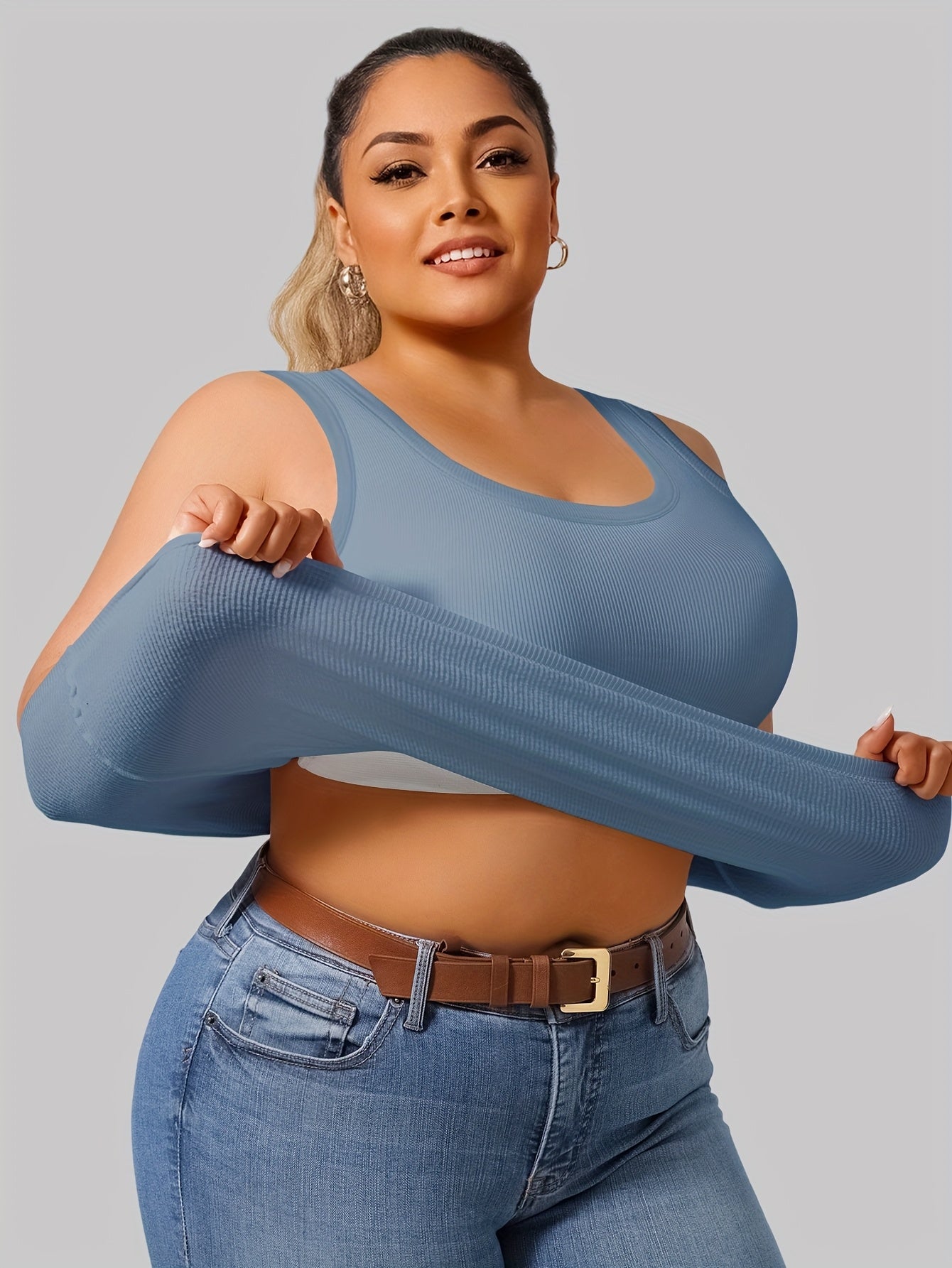 Large U-Shape Vest for Women with Built-In Coaster Ribbed Bottoming Casual Sleeveless Knit Top