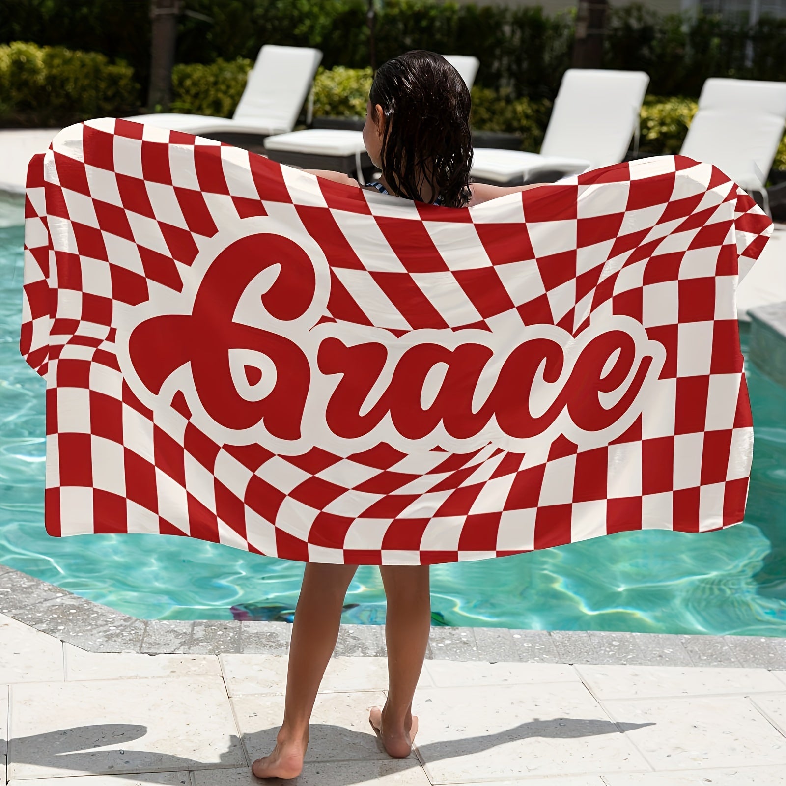 Customized Lattice Pattern Beach Towel with Name Quick-Drying and Absorbent for Beach Swimming Camping