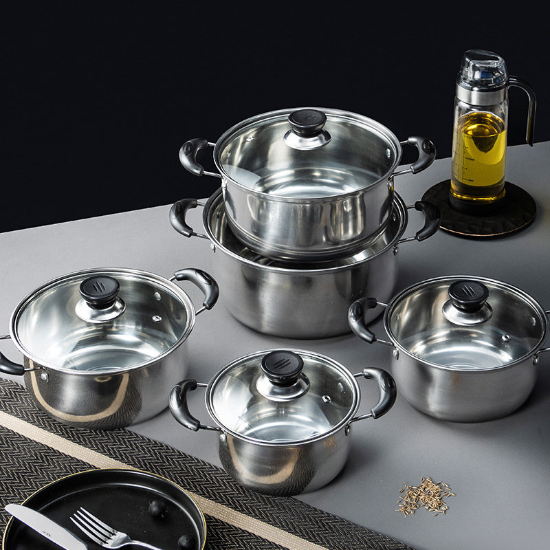 10-Donali zanglamaydigan po'latdan tayyorlangan idishlar to'plami, anti-qarash tutadigan tutqichlar va shaffof qopqog'lar bilan