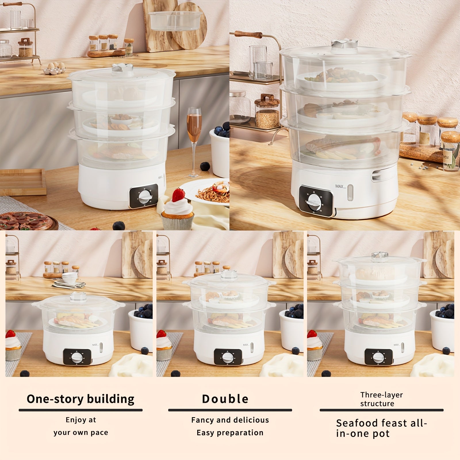 1 EU LIPWEL bug'lamali pech, 13L sig'imli, 800W, 3 ta konteyner, 60 min taymer, 2 ta suv kirish joyi, oq rang, stackable savat. Sabzavotlar, tuxum, guruch va mol go'shtini bug'lash uchun juda yaxshi.