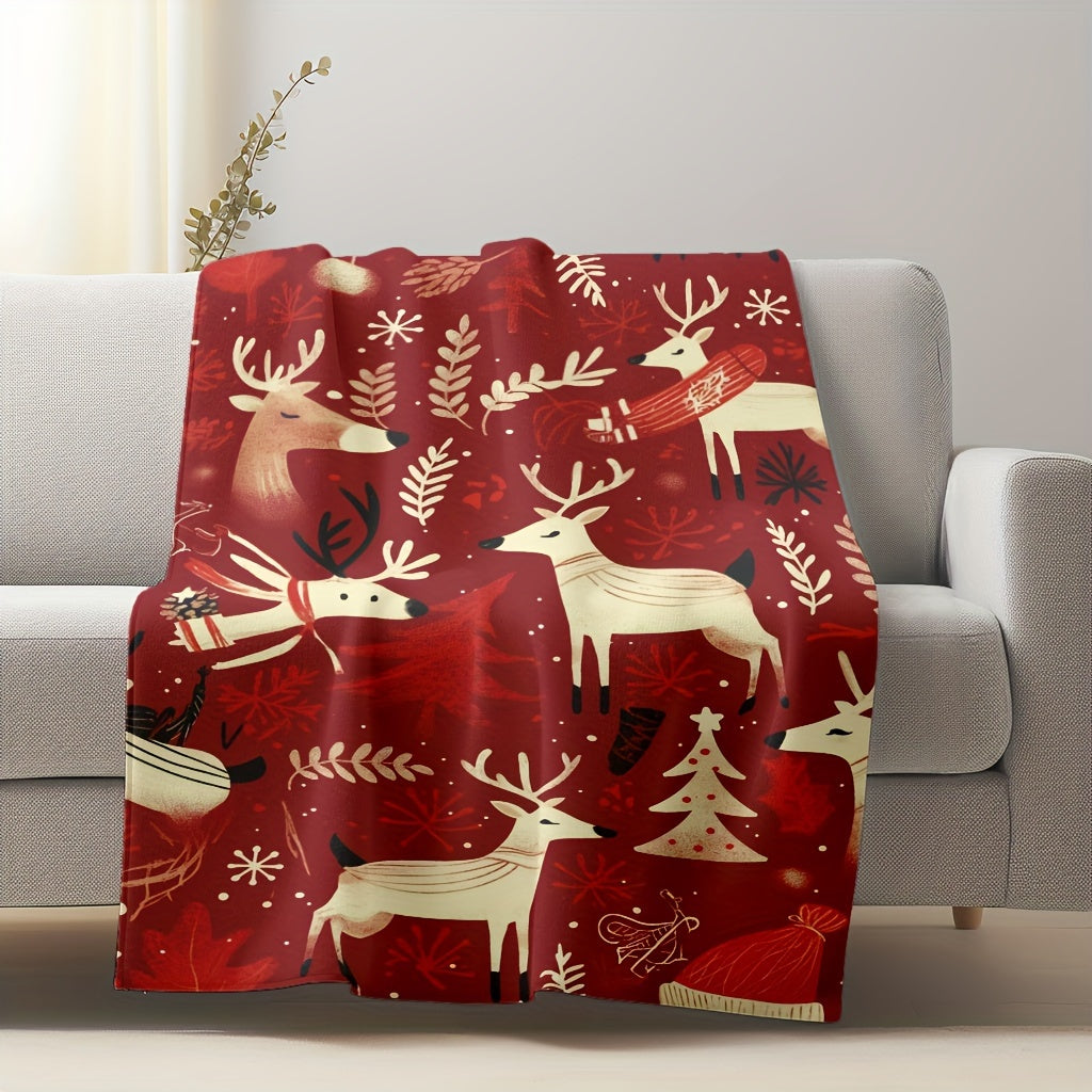 Red Christmas Reindeer Flannel Throw Blanket Soft Warm Cozy for Sofa Bed Camping