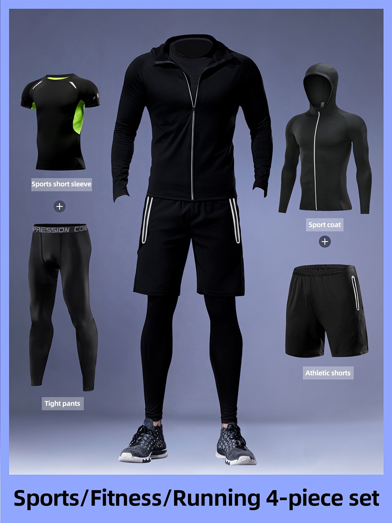 Men's Athletic Set Hooded Jacket Long Sleeve Shirt Shorts Leggings Polyester Spandex for Running Training Hiking