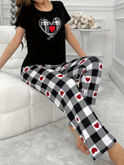 Women's Heart Plaid Pajama Set Short Sleeve Top and Pants Casual All-Season Polyester