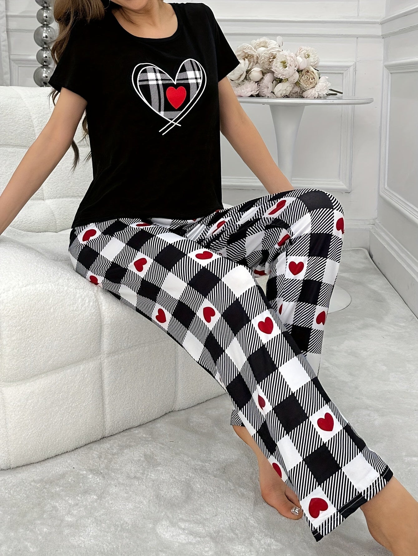 Women's Heart Plaid Pajama Set Short Sleeve Top and Pants Casual All-Season Polyester