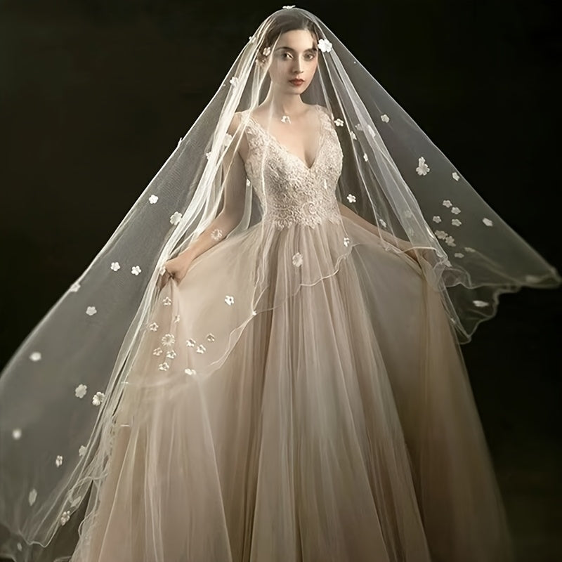 Elegant Bridal Veil with Heart-Shaped Flower Accents Long Tulle Wedding Veil with Yarn Fringe and Starry Sky Design