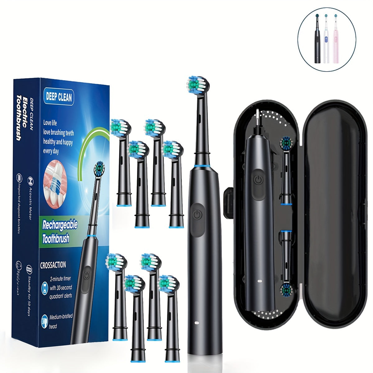 Electric Toothbrush for Adults with 5 Modes and 8 Rotatable Soft Bristle Heads in Black