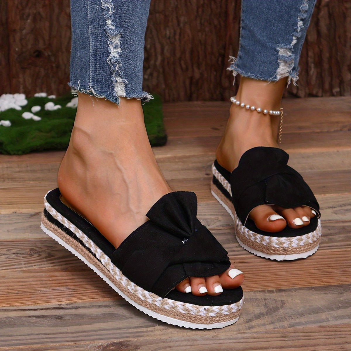 Women's Bowknot Platform Slides Casual Open Toe Espadrille Sandals