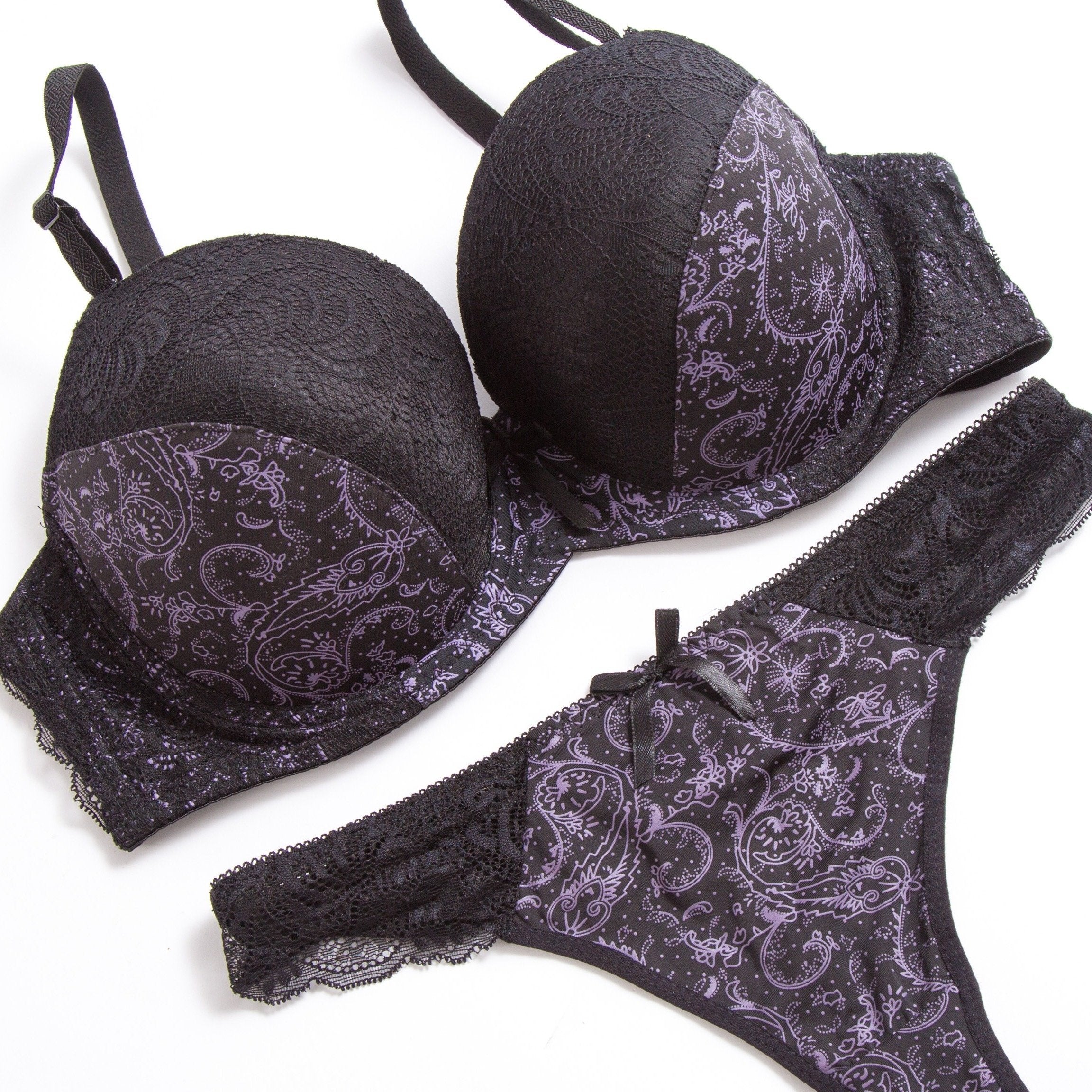 Lingerie Lace Bra and Panty Set in Beige and Black Floral Print Nylon Blend Comfortable for Casual or Special Occasions