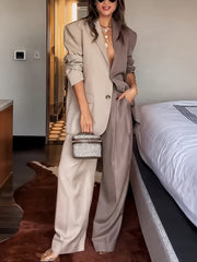 Color-Blocked Blazer and Wide-Leg Pants Set for Women Spring Fall Elegant Polyester