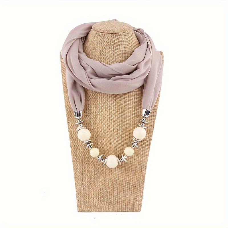 Women's Solid Color Infinity Scarf with Beaded Jewelry Necklace and Head Wrap