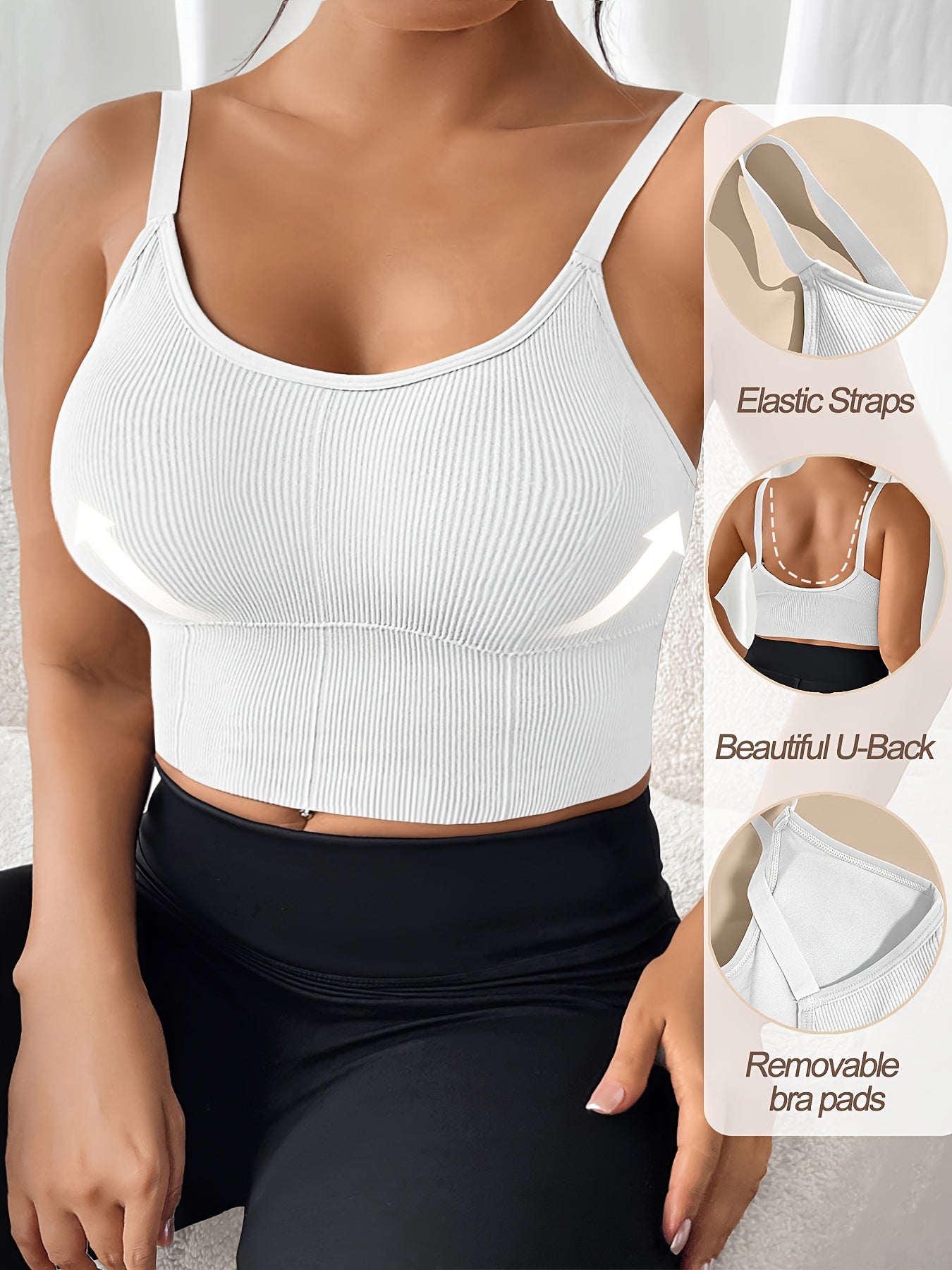 Women's Plus Size Sports Bras Ribbed Wireless High Elasticity Removable Pads Black White Brown Navy Blue Set