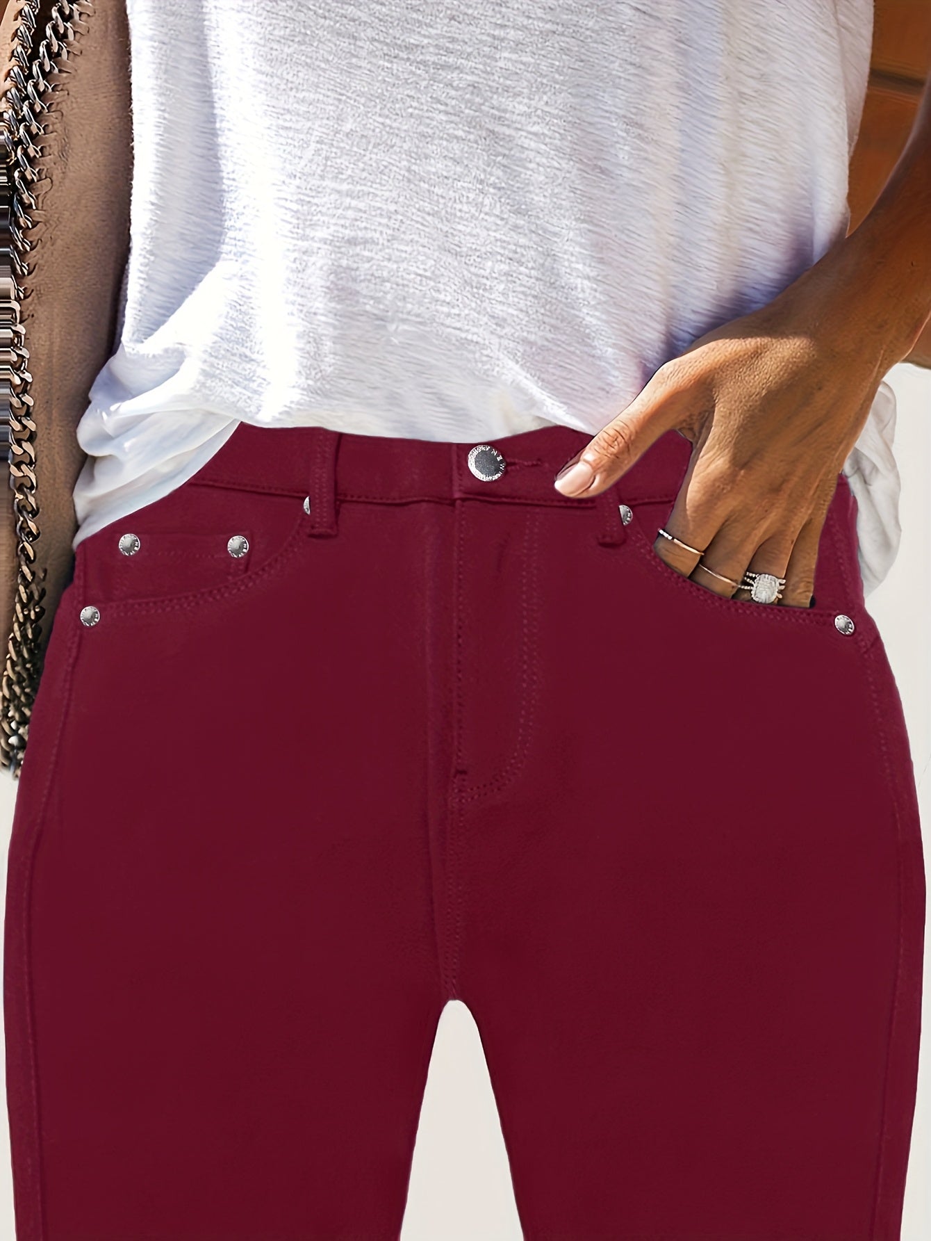 Women's High-Waist Skinny Jeans Maroon Slim Fit Casual Denim