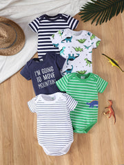 5pcs Baby Boys Marine Style Cotton Short Sleeve Bodysuits Summer Romper Set