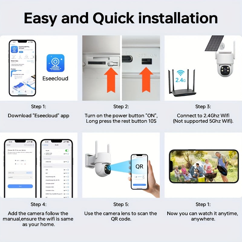 Ulanmagan quyosh energiyali xavfsizlik kamerası 1440p 360° ko‘rish kechqurun ko‘rish harakatni aniqlash PTZ suv o'tkazmaydigan