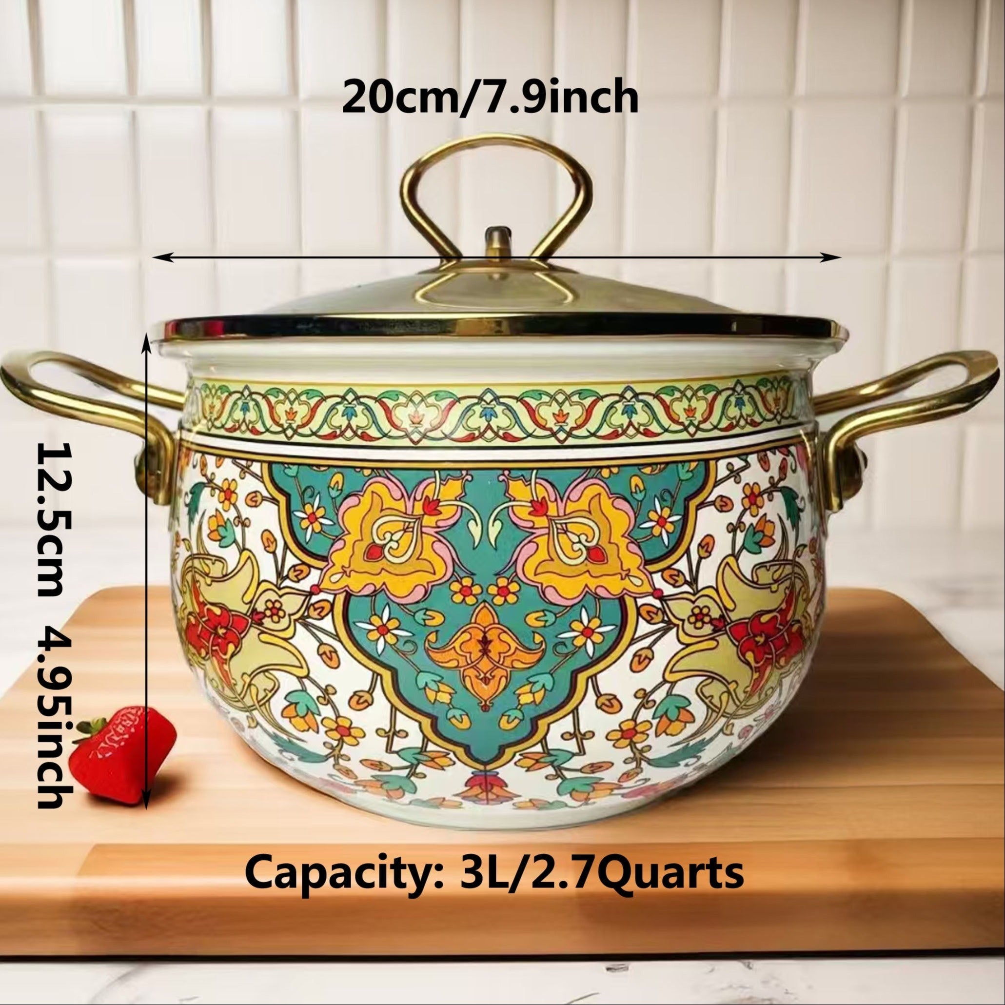 Vintage Enamel Stockpot 30cm Shallow Soup Pot with Lid Handle Induction Compatible