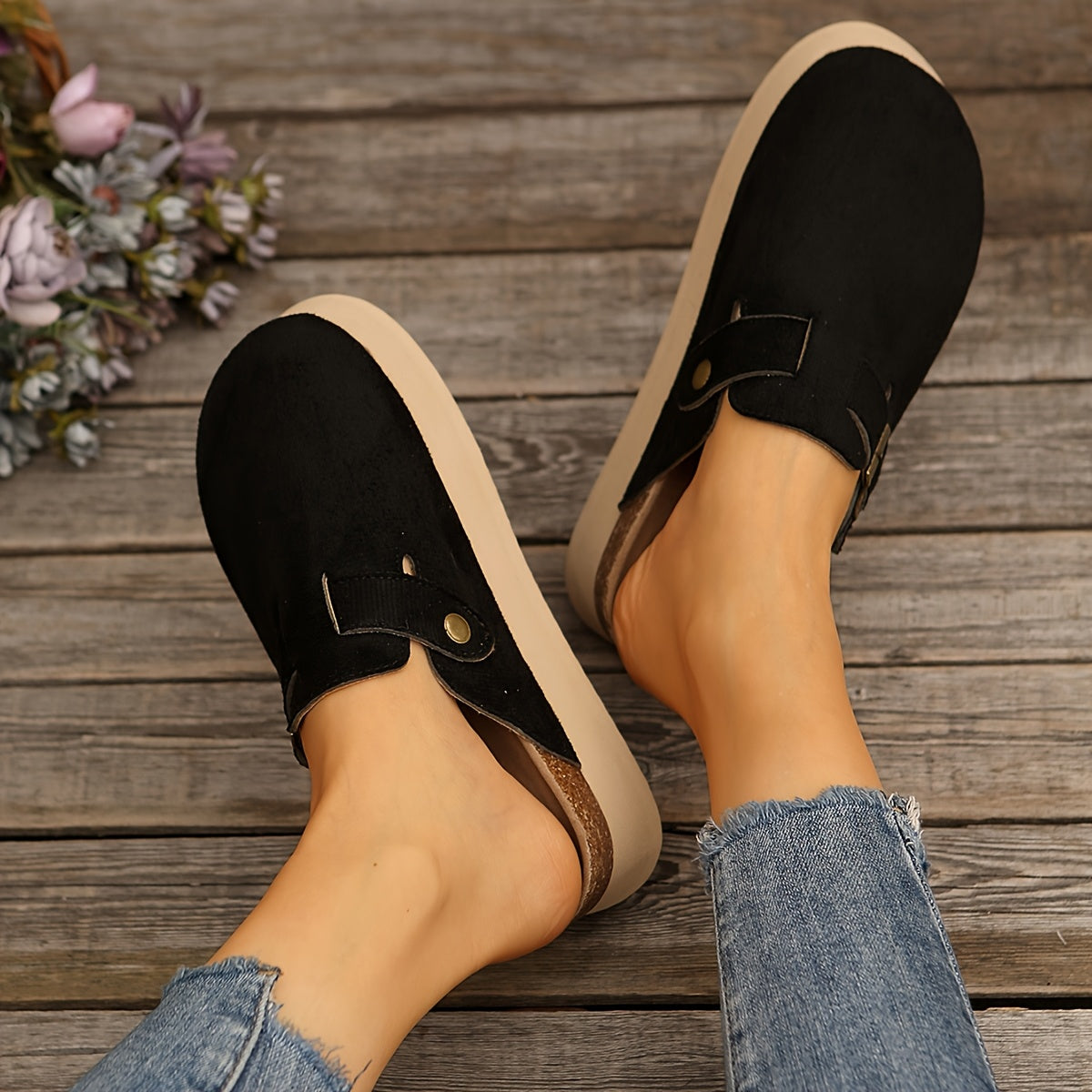 Женские повседневные мюли с толстой подошвой в черном цвете, стильная обувь для комфорта